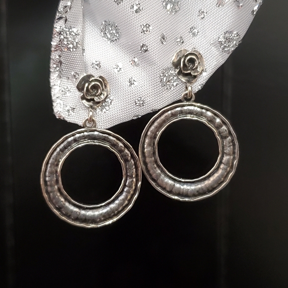Or Paz PZ Oxidized Sterling Silver Rustic Hammered Drop Circle and Rose Earrings - Picture 2 of 13